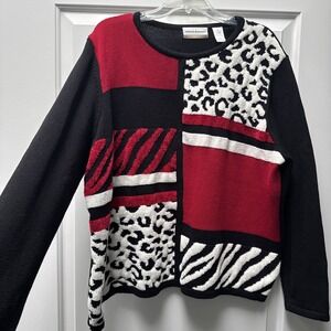 Alfred Dunner Sweater Women's Plus‎ 2X Long  Sleeved Red/Black Leopard, Stripes